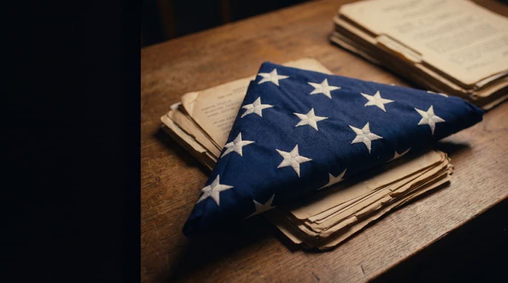 A folded American flag resting on a veteran's service records